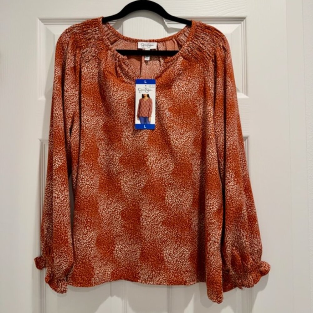 Jessica Simpson Women’s Blouse Size L Red Print V-Neck Long Sleeve NWT